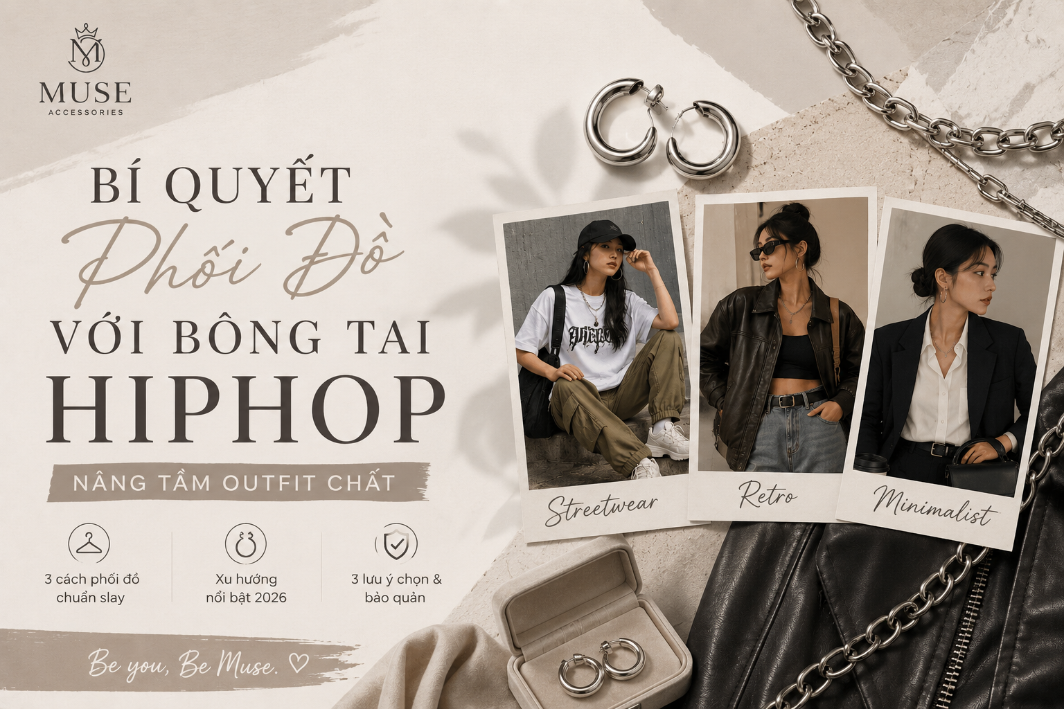 Ảnh bìa bài viết bí quyết phối đồ với bông tai hiphop nâng tầm outfit chất cùng Muse Accessories