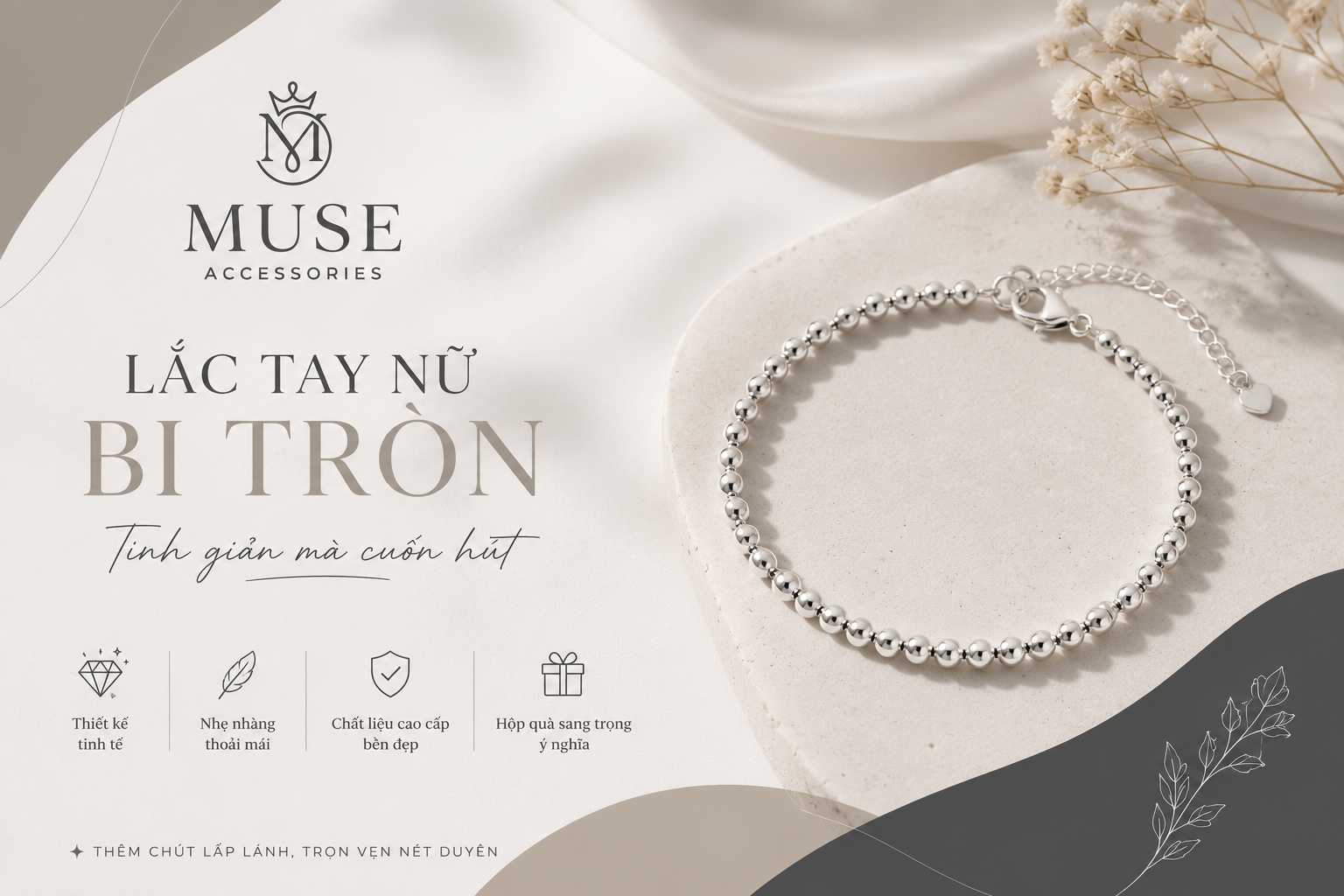 Ảnh bìa lắc tay nữ bi tròn thiết kế tinh tế của thương hiệu Muse Accessories