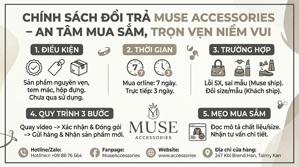 Chi tiết về Chính sách đổi trả của Muse Accessories: điều kiện, thời gian, trường hợp và quy trình thực hiện.