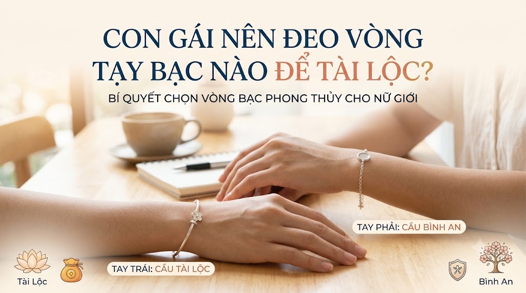 Nổi bật với câu hỏi "CON GÁI NÊN ĐEO VÒNG TẠY BẠC NÀO ĐỂ TÀI LỘC?" cùng dòng mô tả "BÍ QUYẾT CHỌN VÒNG BẠC PHONG THỦY CHO NỮ GIỚI".