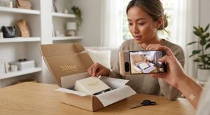 Khách hàng hào hứng mở hộp quà tặng từ Muse Accessories, yên tâm với Chính sách đổi trả của Muse Accessories.