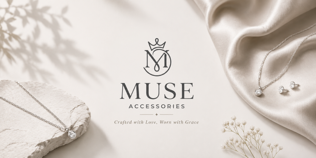 Logo thương hiệu Muse Accessories và bộ trang sức bạc S925 thiết kế tối giản, tinh tế trên nền lụa