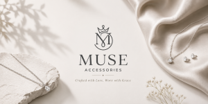Logo thương hiệu Muse Accessories và bộ trang sức bạc S925 thiết kế tối giản, tinh tế trên nền lụa