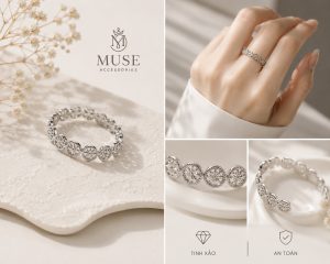 Chi tiết thiết kế tinh xảo và an toàn cho da của mẫu nhẫn kim tiền bạc tối giản từ thương hiệu Muse Accessories.