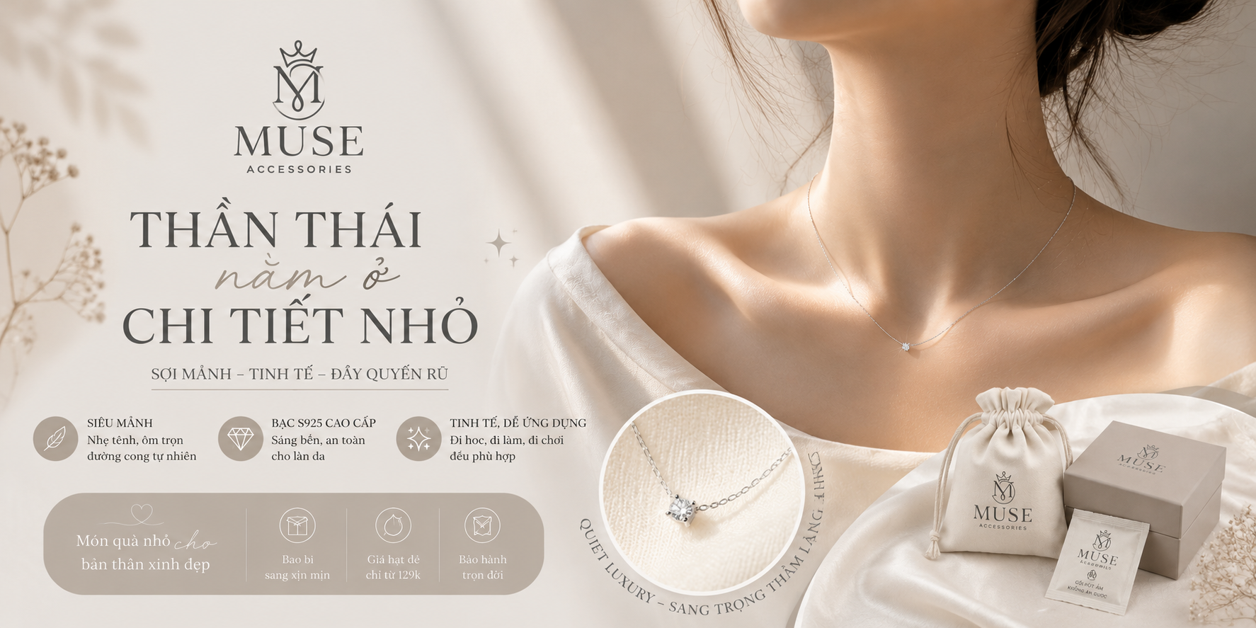Vòng cổ sợi mảnh bạc S925 Muse Accessories phong cách tối giản Quiet Luxury