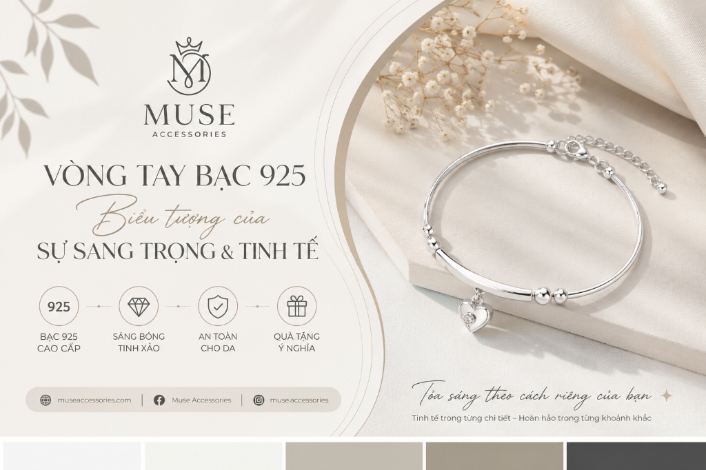 Vòng tay bạc 925 cao cấp, thiết kế tinh tế từ Muse Accessories.